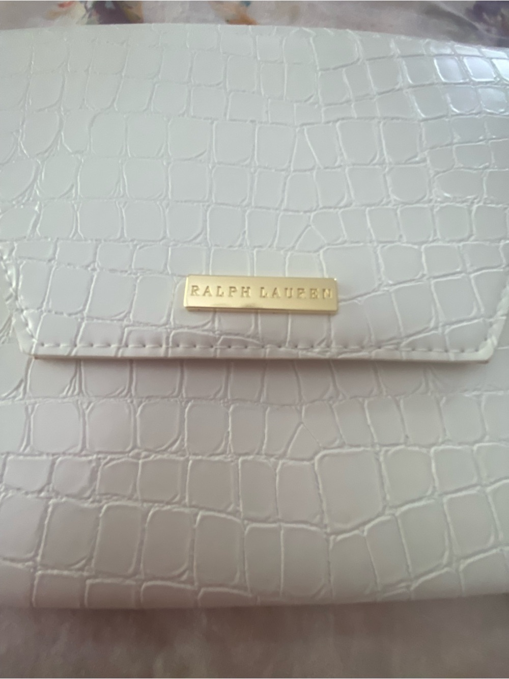 Ralph Lauren White Croc-Embossed Fold-Over Clutch with Gold Plaque